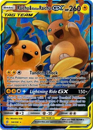 <transcy>Pokemon Card Unified Minds 054/236 54/236 Raichu &amp; Alolan Raichu Tag Team GX Ultra Rare</transcy>