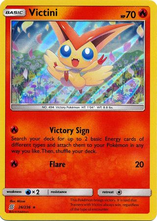 <transcy>Pokemon Card Unified Minds 026/236 26/236 Victini Holo Selten</transcy>