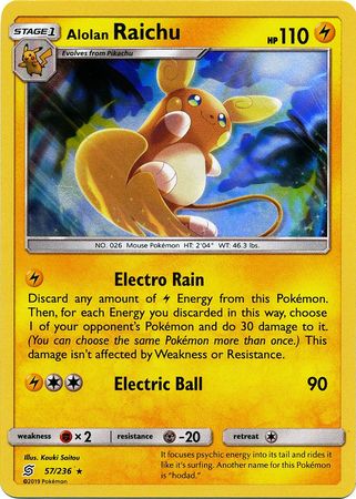 <transcy>Pokemon Card Unified Minds 057/236 57/236 Alolan Raichu Holo Selten</transcy>