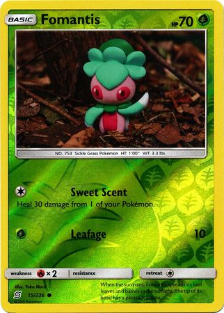 <transcy>Pokemon Card Unified Minds 015/236 15/236 Fomantis Reverse Holo Common</transcy>