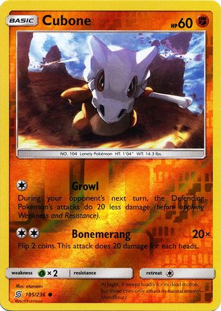 <transcy>Pokemon Card Unified Minds 105/236 Cubone Reverse Holo Common</transcy>