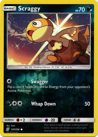 <transcy>Pokemon Card Unified Minds 137/236 Scraggy Reverse Holo Common</transcy>