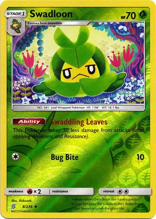 <transcy>Pokemon Card Unified Minds 008/236 8/236 Swadloon Reverse Holo Gelegentlich</transcy>