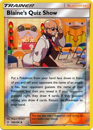 <transcy>Pokemon Card Unified Minds 186/236 Blaine&#39;s Quiz Show مؤيد عكس Holo غير شائع</transcy>