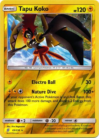 <transcy>Pokemon Card Unified Minds 069/236 69/236 Tapu Koko Reverse Holo Selten</transcy>