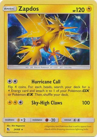 Pokemon Card Hidden Fates 24/68 Zapdos Holo Rare