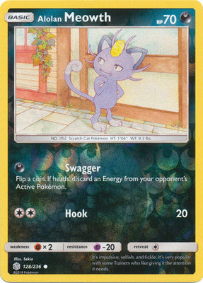 Pokemon Card Cosmic Eclipse 128/236 Alolan Meowth Reverse Holo Common
