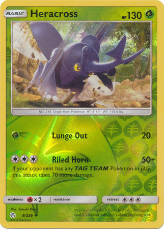 <transcy>Pokemon Card Cosmic Eclipse 009/236 9/236 Heracross Reverse Holo Ikke almindelig</transcy>