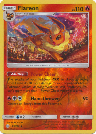 <transcy>Pokemon Card Cosmic Eclipse 025/236 25/236 Flareon Reverse Holo Ikke almindelig</transcy>