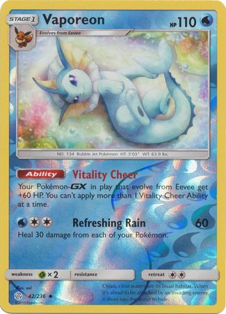 <transcy>Pokemon Card Cosmic Eclipse 042/236 42/236 Vaporeon Reverse Holo Gelegentlich</transcy>