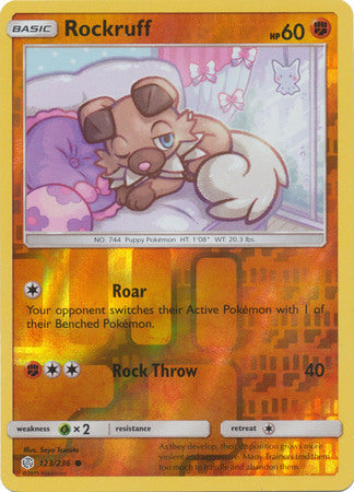 <transcy>بطاقة بوكيمون Cosmic Eclipse 123/236 Rockruff Reverse Holo Common</transcy>