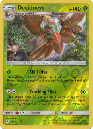 <transcy>Pokemon Card Cosmic Eclipse 020/236 20/236 Decidueye Reverse Holo Selten</transcy>