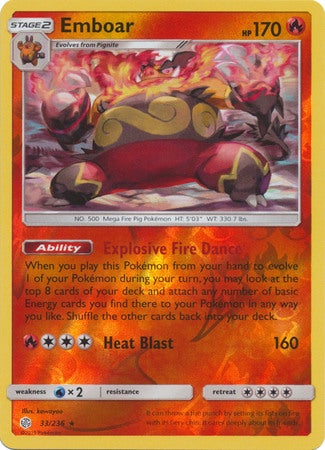 <transcy>Pokemon Card Cosmic Eclipse 033/236 33/236 Emboar Reverse Holo Sjælden</transcy>