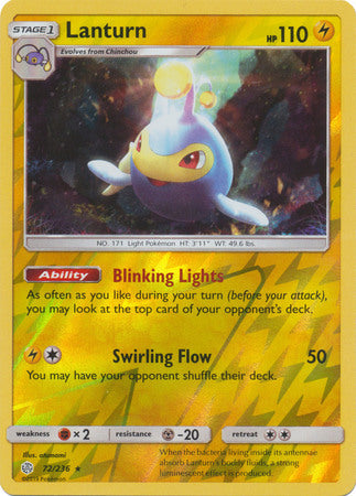 <transcy>Pokemon Card Cosmic Eclipse 072/236 72/236 Lanturn Reverse Holo Sjælden</transcy>