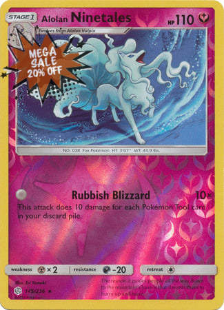 <transcy>Pokemon Card Cosmic Eclipse 145/236 Alolan Ninetales Reverse Holo Sjælden</transcy>