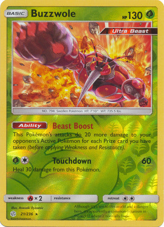 <transcy>Pokemon Card Cosmic Eclipse 021/236 21/236 Buzzwole Reverse Holo Sjælden</transcy>