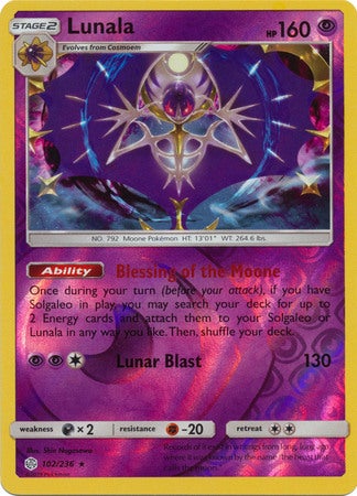 <transcy>Pokemon Card Cosmic Eclipse 102/236 Lunala Reverse Holo Sjælden</transcy>