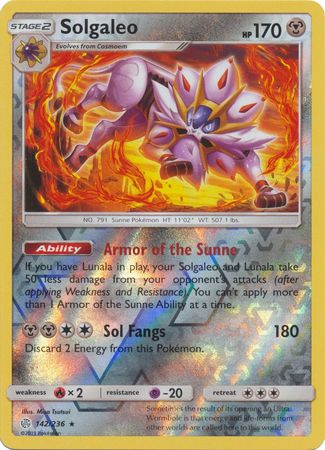 Pokemon Card Cosmic Eclipse 142/236 Solgaleo Reverse Holo Rare