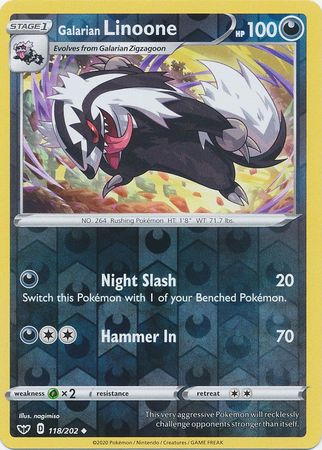 <transcy>Pokemon Card Sword and Shield 118/202 Galarian Linoone Reverse Holo Usædvanlig</transcy>