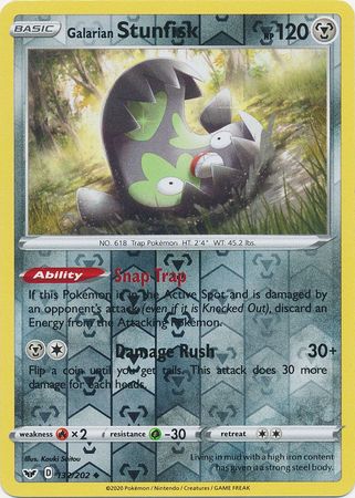 <transcy>Pokemon Card Sword and Shield 132/202 Galarian Stunfisk Reverse Holo Usædvanlig</transcy>