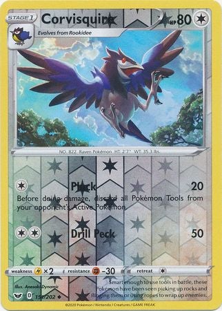 <transcy>Pokemon Card Sword and Shield 151/202 Corvisquire Reverse Holo Ikke almindelig</transcy>