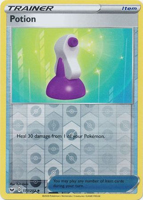 <transcy>Pokemon-kortsværd og skjold 177/202 Potion-genstand Omvendt Holo Ikke almindelig</transcy>