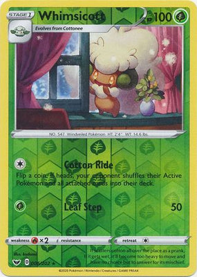 <transcy>Pokemon Card Sword and Shield 006/202 6/202 Whimsicott Reverse Holo Sjælden</transcy>