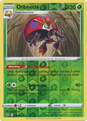 Pokemon Card Sword and Shield 019/202 19/202 Orbeetle Reverse Holo Rare