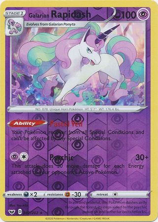 <transcy>Pokemon Card Schwert und Schild 082/202 82/202 Galarian Rapidash Reverse Holo Rare</transcy>