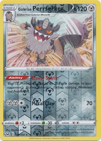 <transcy>سيف ودرع بطاقة بوكيمون 128/202 Galarian Perrserker Reverse Holo Rare</transcy>