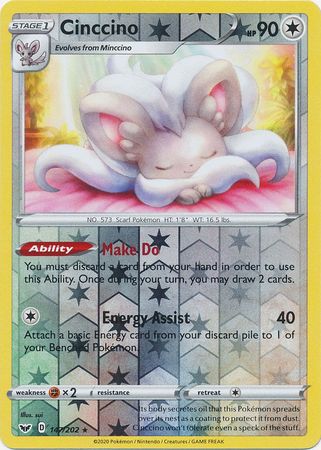 <transcy>Pokemon Card Sword and Shield 147/202 Cinccino Reverse Holo Sjælden</transcy>