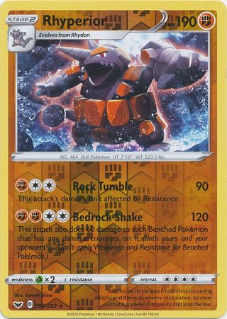 Pokemon Card Sword and Shield 099/202 99/202 Rhyperior Reverse Holo Rare