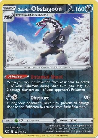 Pokemon Card Sword and Shield 119/202 Galarian Obstagoon Reverse Holo Rare