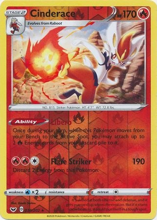 Pokemon Card Sword and Shield 034/202 34/202 Cinderace Reverse Holo Rare