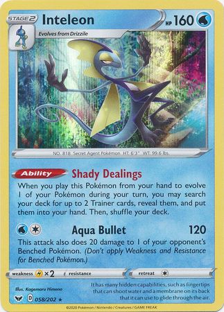 Pokemon Card Sword and Shield 058/202 58/202 Inteleon Holo Rare