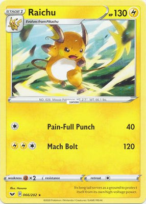 Pokemon Card Sword and Shield 066/202 66/202 Raichu Rare