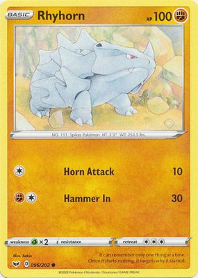 Pokemon Card Sword and Shield 096/202 96/202 Rhyhorn Common