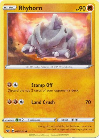 Pokemon Card Sword and Shield 097/202 97/202 Rhyhorn Common