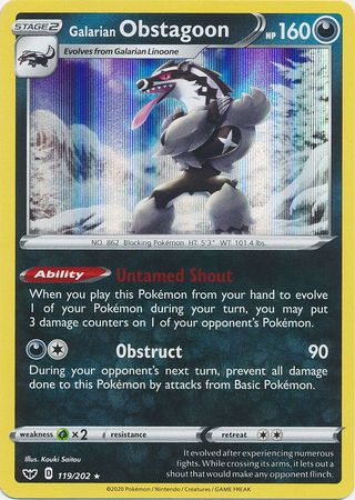 <transcy>宠物小精灵卡剑与盾119/202 Galarian Obstagoon Holo稀有</transcy>