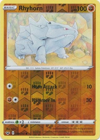 <transcy>Pokemon Card Sword and Shield 096/202 96/202 Rhyhorn Reverse Holo Common</transcy>