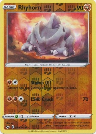 <transcy>Pokemon Card Sword and Shield 097/202 97/202 Rhyhorn Reverse Holo Common</transcy>