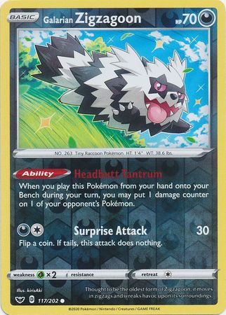 Pokemon Card Sword and Shield 117/202 Galarian Zigzagoon Reverse Holo Common