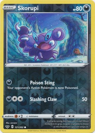 <transcy>بطاقة Pokemon Sword and Shield 121/202 Skorupi Reverse Holo Common</transcy>