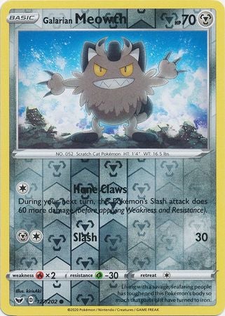 <transcy>سيف ودرع بطاقة بوكيمون 127/202 Galarian Meowth Reverse Holo Common</transcy>