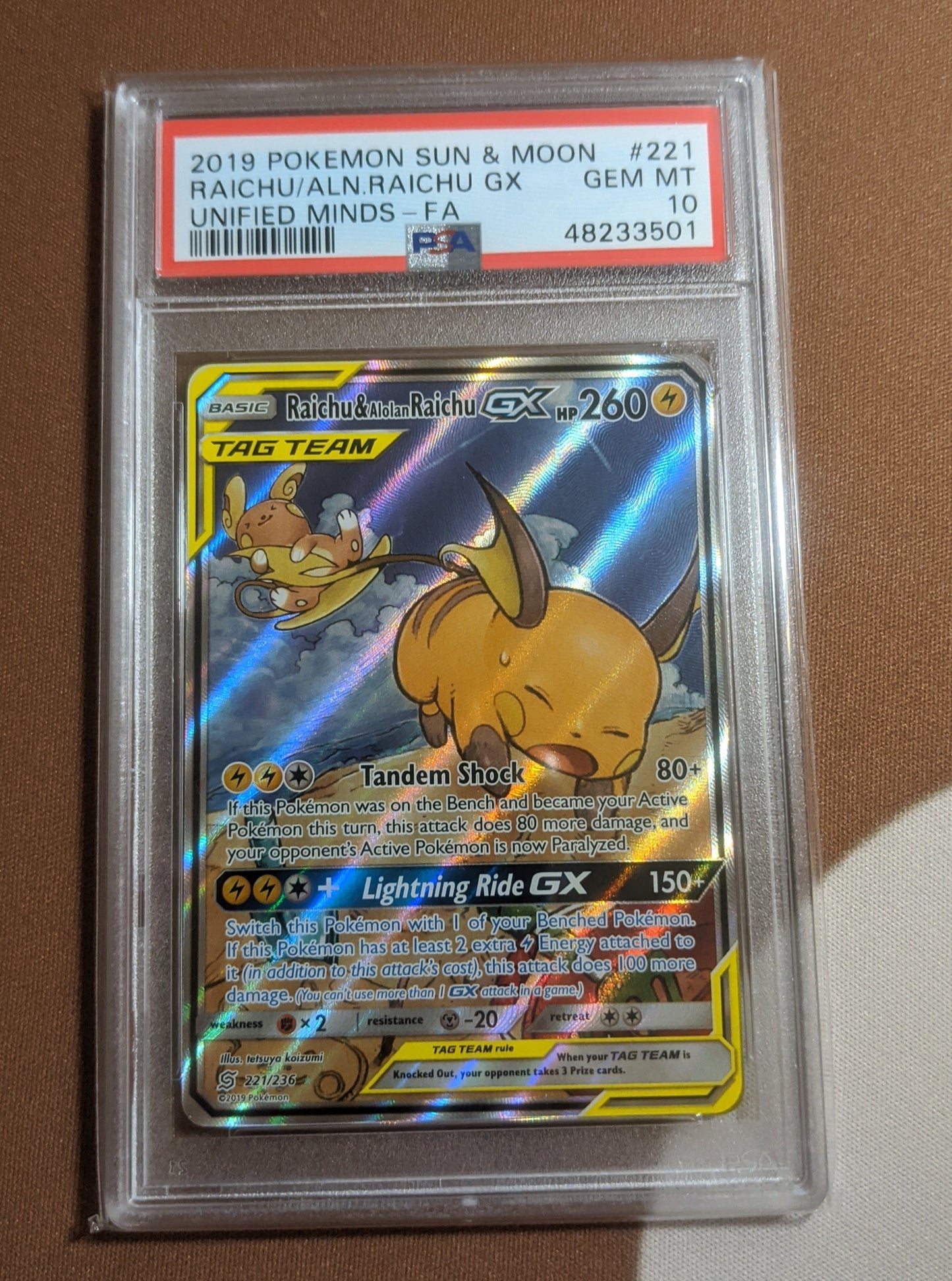 Pokemon Card PSA 10 GEM MT Raichu & Alolan Raichu GX Unified Minds