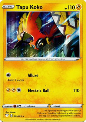 Pokemon Card Darkness Ablaze 61/189 061/189 Tapu Koko Non Holo