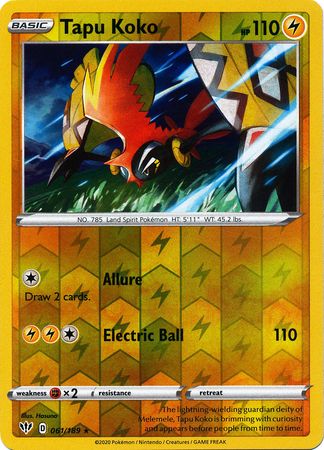 <transcy>Pokemon Card Darkness Ablaze 61/189 061/189 Tapu Koko Holo Sjælden Reverse Holo</transcy>