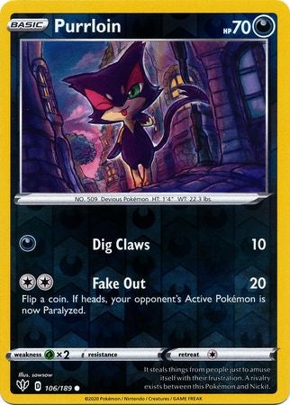 <transcy>Pokemon Card Darkness Alaze 106/189 106/189 Purrloin Common Reverse Holo</transcy>