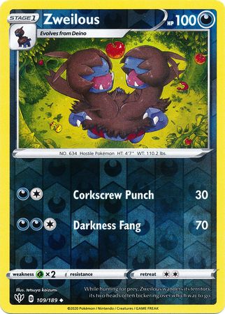 <transcy>Pokemon Card Darkness Alaze 109/189 109/189 Zweilous Uncommon Reverse Holo</transcy>