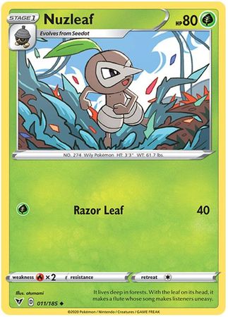 <transcy>Pokémon-kort Levende spænding 011/185 11/185 Nuzleaf Ikke almindelig</transcy>